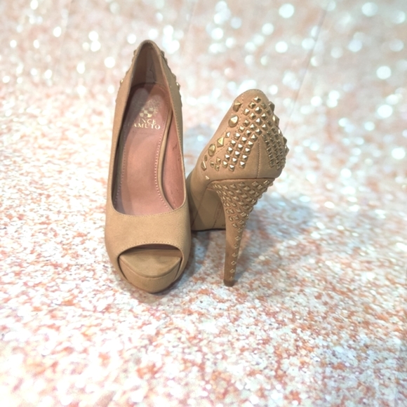 Vince Camuto Shoes - Vince Camuto Tan Leather Peep Toe Studded Heels